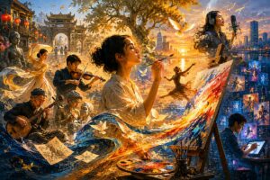 Nghệ thuật luôn trường tồn trước mọi biến động đời sống. Ảnh: AI prompt: Tiểu Vũ